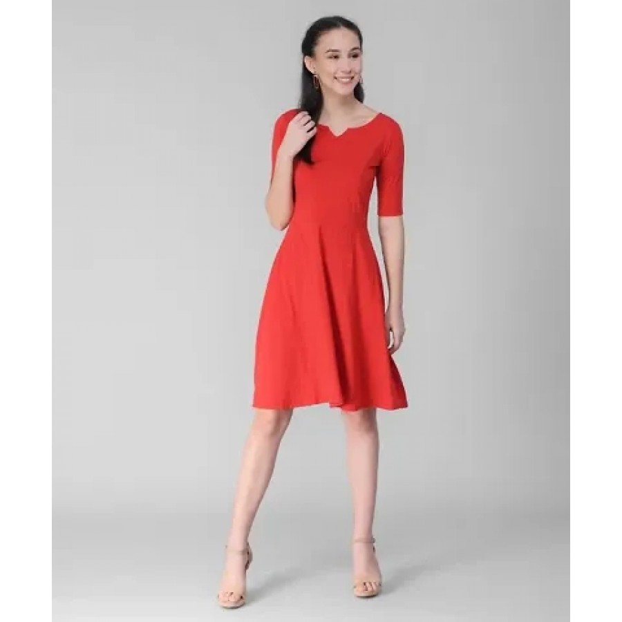 Vivient Women Red V-Cut Plain Midi Hosery Dress