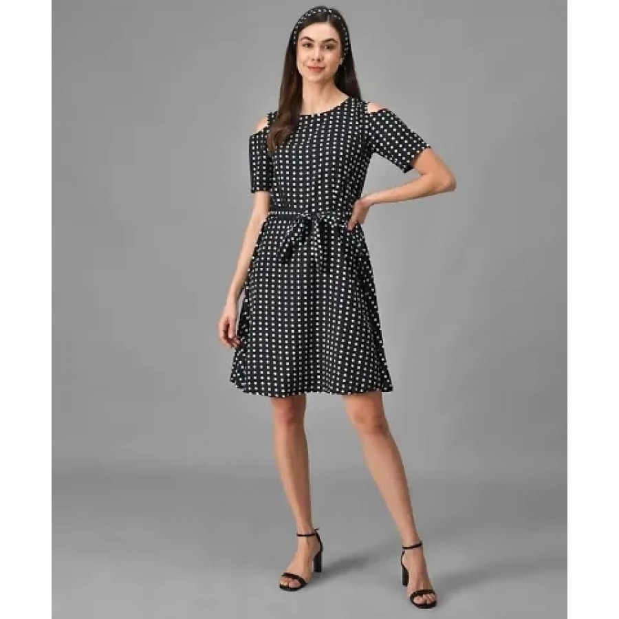 Women Black Base White Polka Dot Cutout Sleeves Short dress