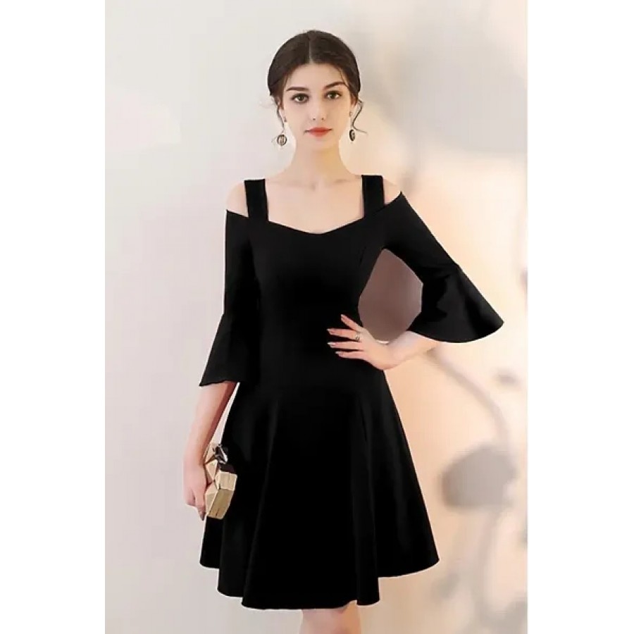 Women Black Bell Sleeve Cold Sholder Hosery Short Dress