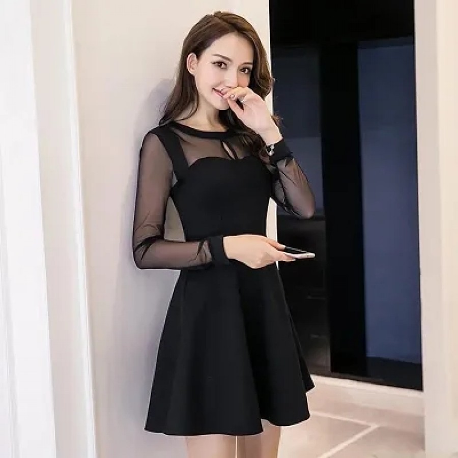 Women Black Plain Net Short Dress