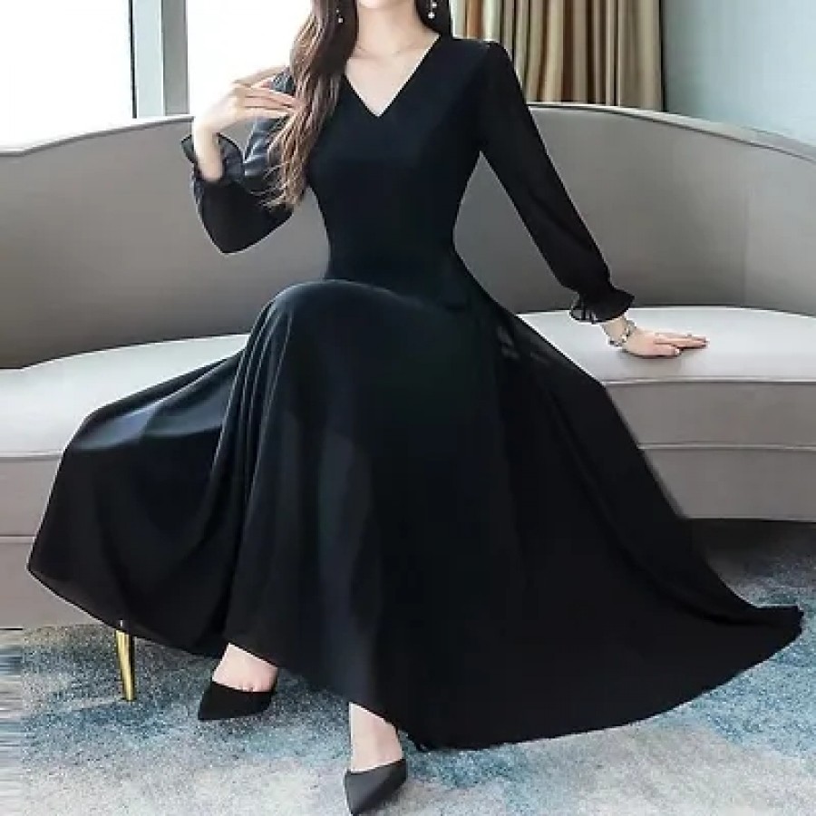 Women Black V-Neck Long Sleeve Georgette Maxi Dress