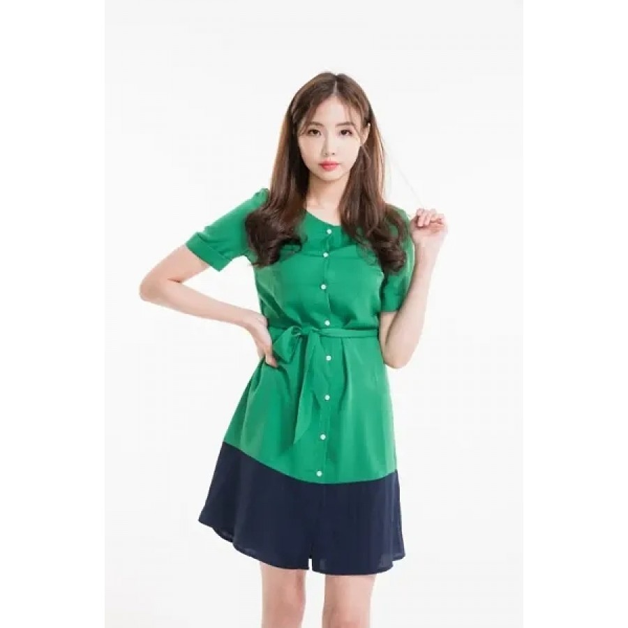 Women Green And Blue Buttoned Crepe Midi Dress