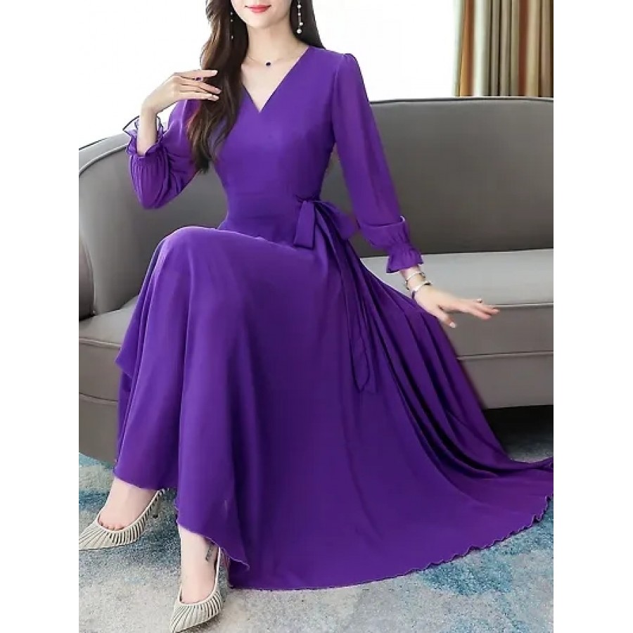 Women Purple V-Neck Long Sleeve Georgette Maxi Dress