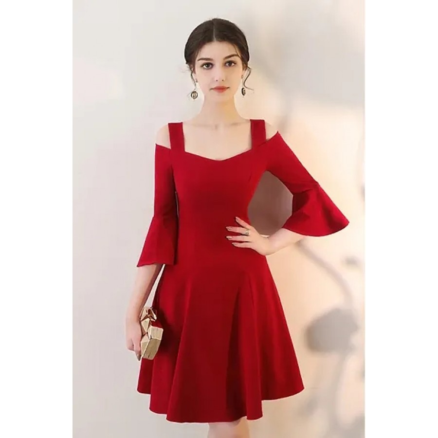 Women Red Bell Sleeve Cold Sholder Hosery Short Dress