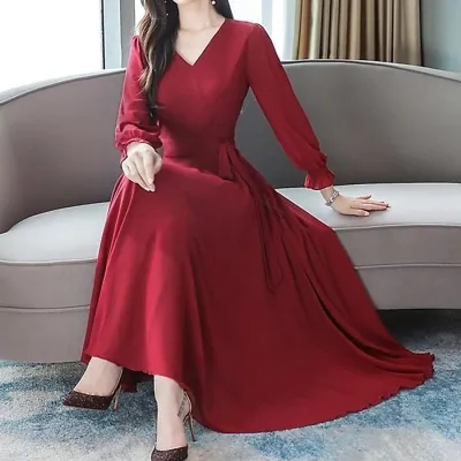 Women Red V-Neck Long Sleeve Georgette Maxi Dress