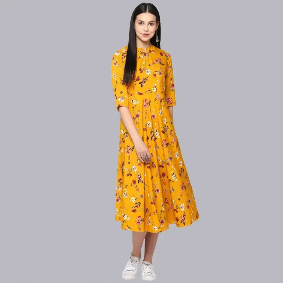 Women Crepe Floral Prints Gown Sleeve Less Key Hole Neck Dress