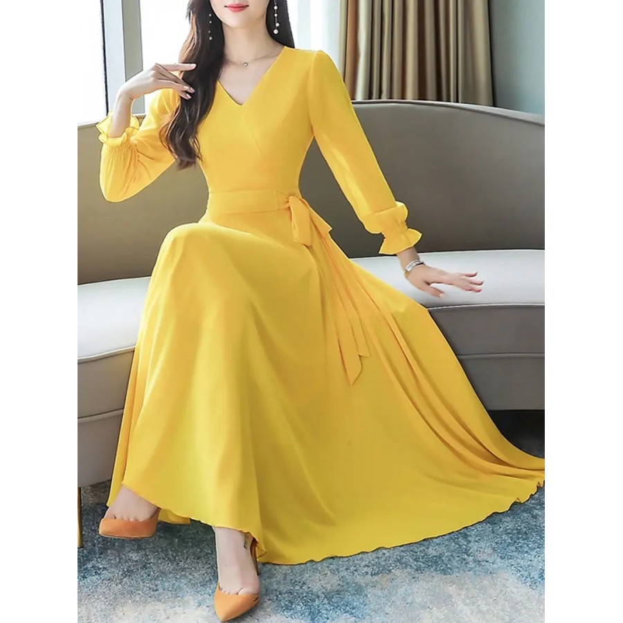 Women Yellow V-Neck Long Sleeve Georgette Maxi Dress