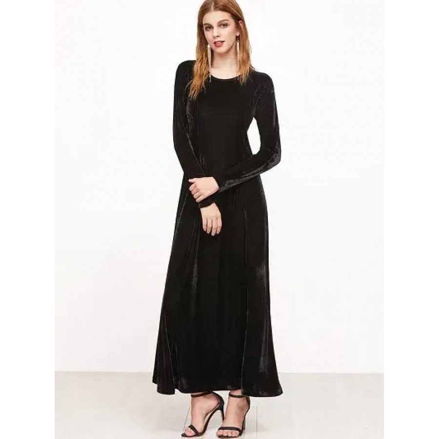 Women's Black Solid Long Velvet Dress