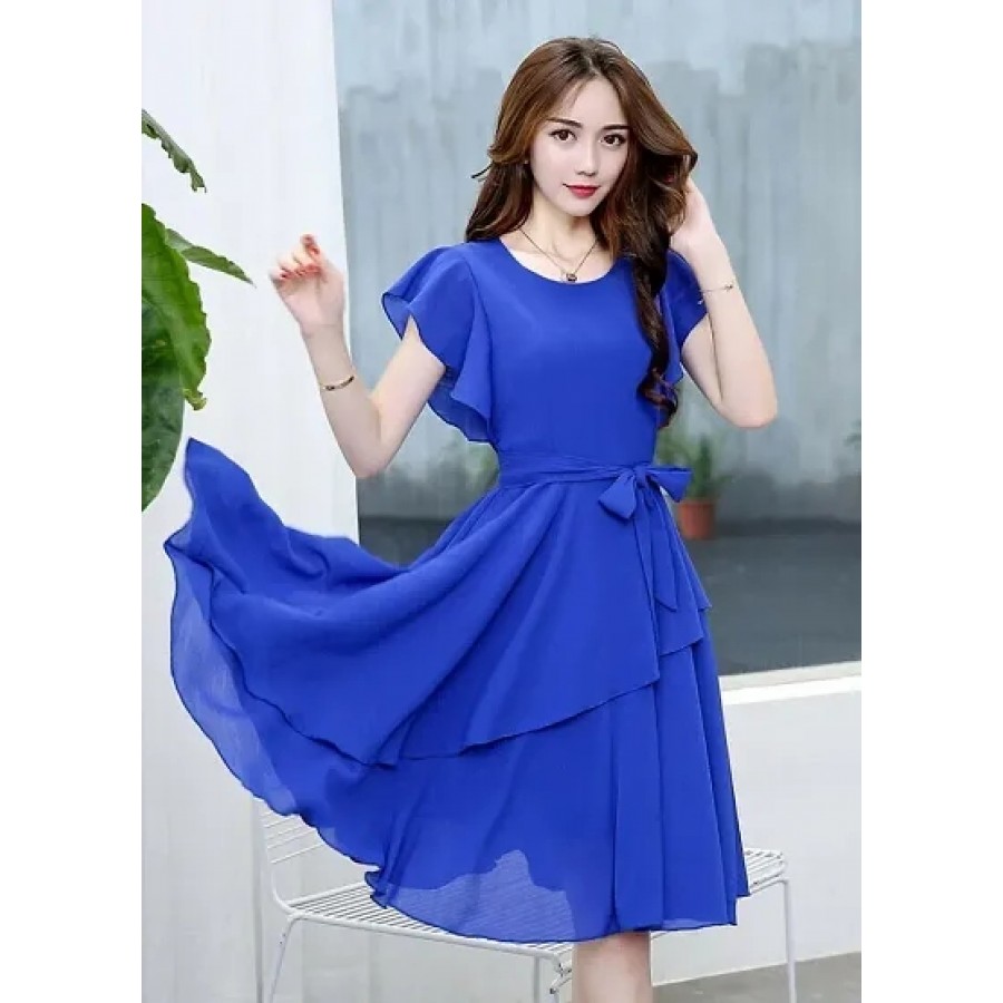 Women's Blue Georgette Solid knee Length Dress