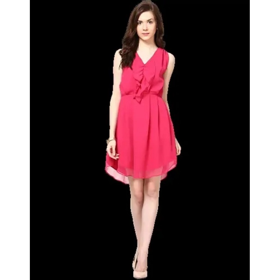 Womens Crepe Casual Pink Ruffle Dress