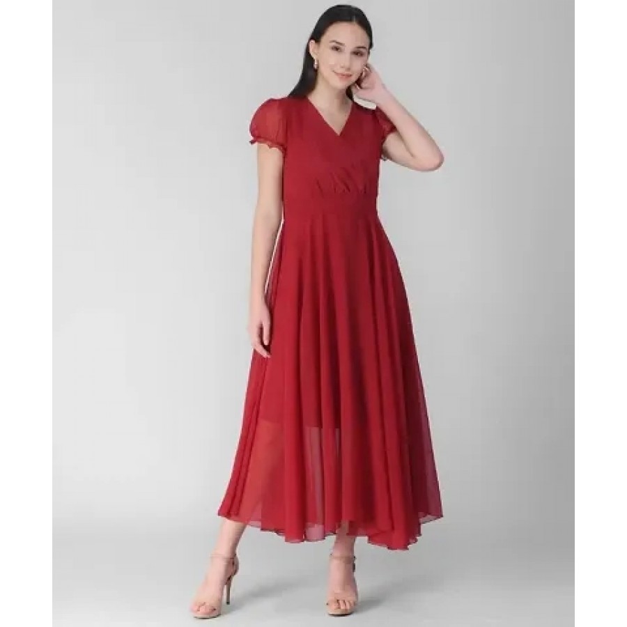 Women's Red Wine V-Neck Long Dress