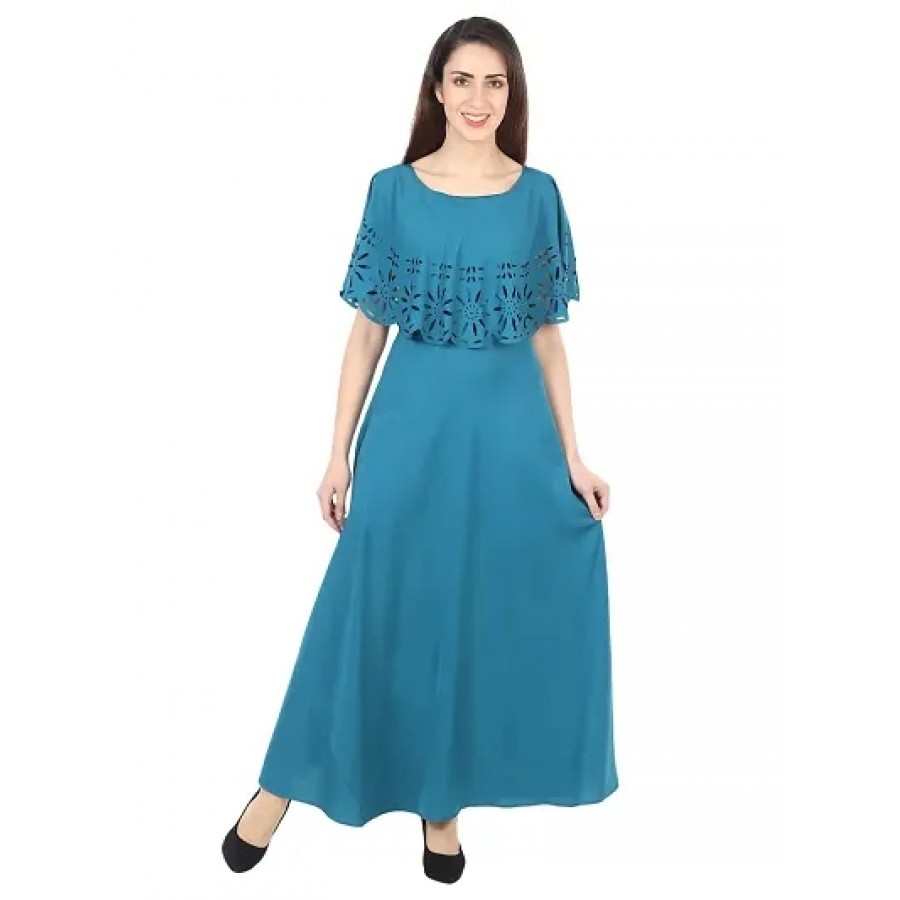 Women's Stylish and Trendy Blue Solid Crepe Maxi Length Fit And Flare Dress