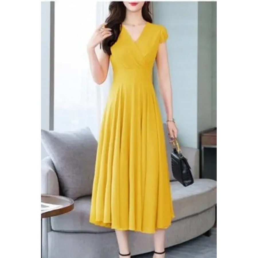 Yellow Georgette Solid A-Line Long Maxi Dress