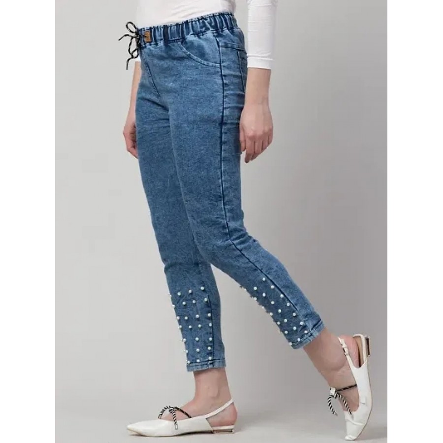 Blue Denim Embellished Jeans   Jeggings For Women