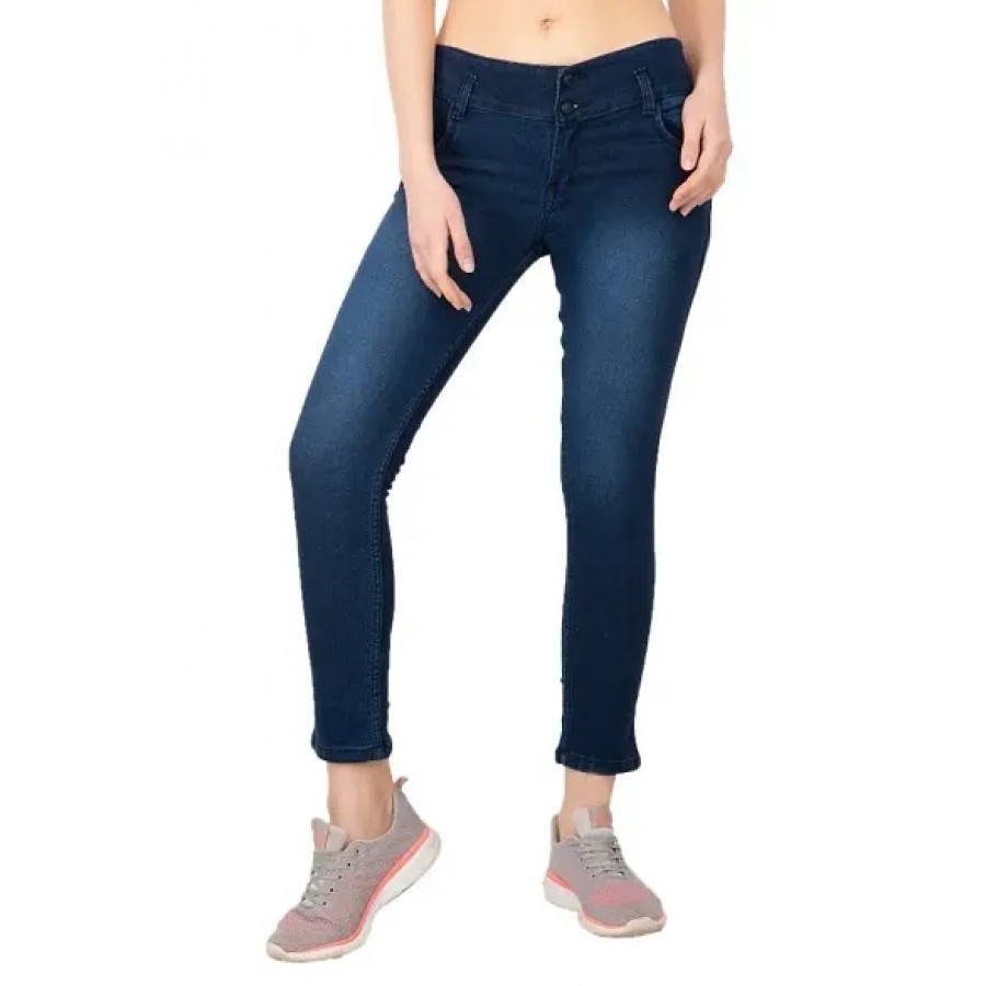 Blue Plain 2 Button Women Jeans