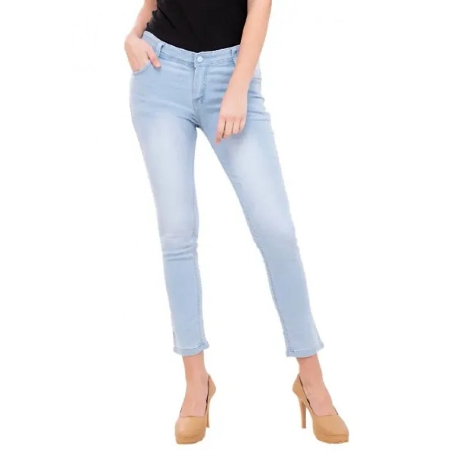 Light Blue Plain 1 Button Women Jeans