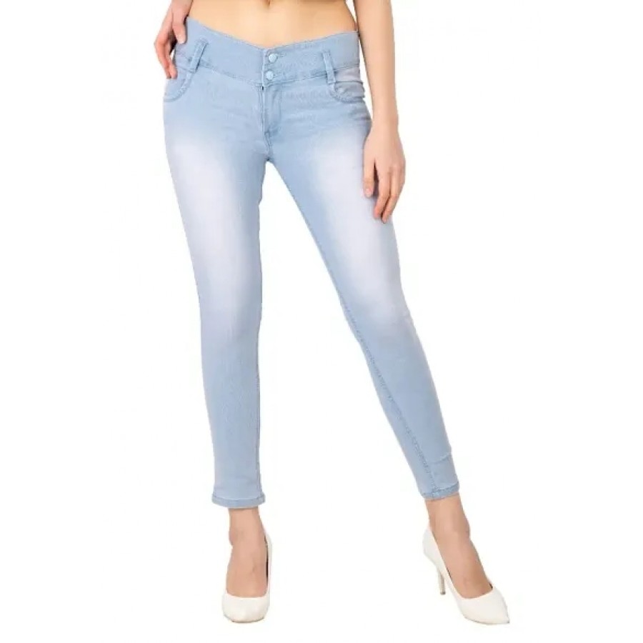 Light Blue Plain 2 Button Women Jeans