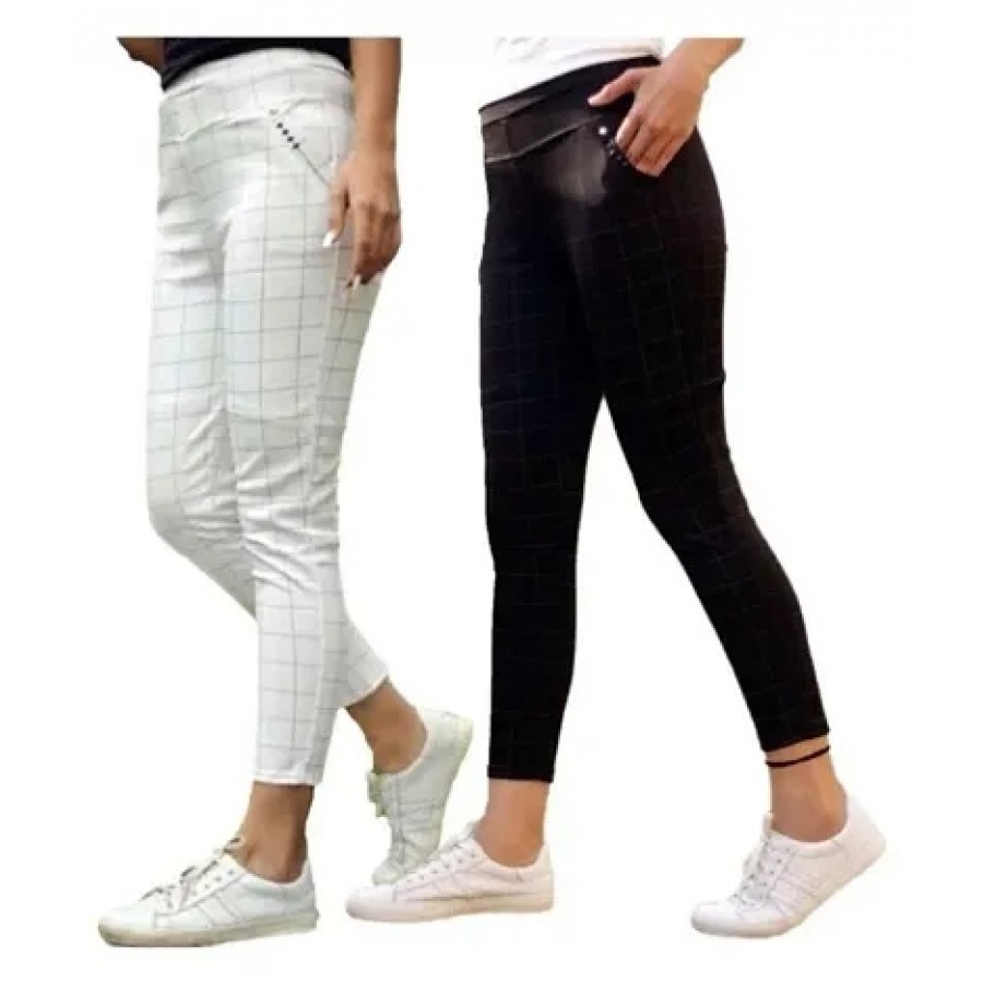 Multicoloured Cotton Spandex Checked Jeans   Jeggings For Women