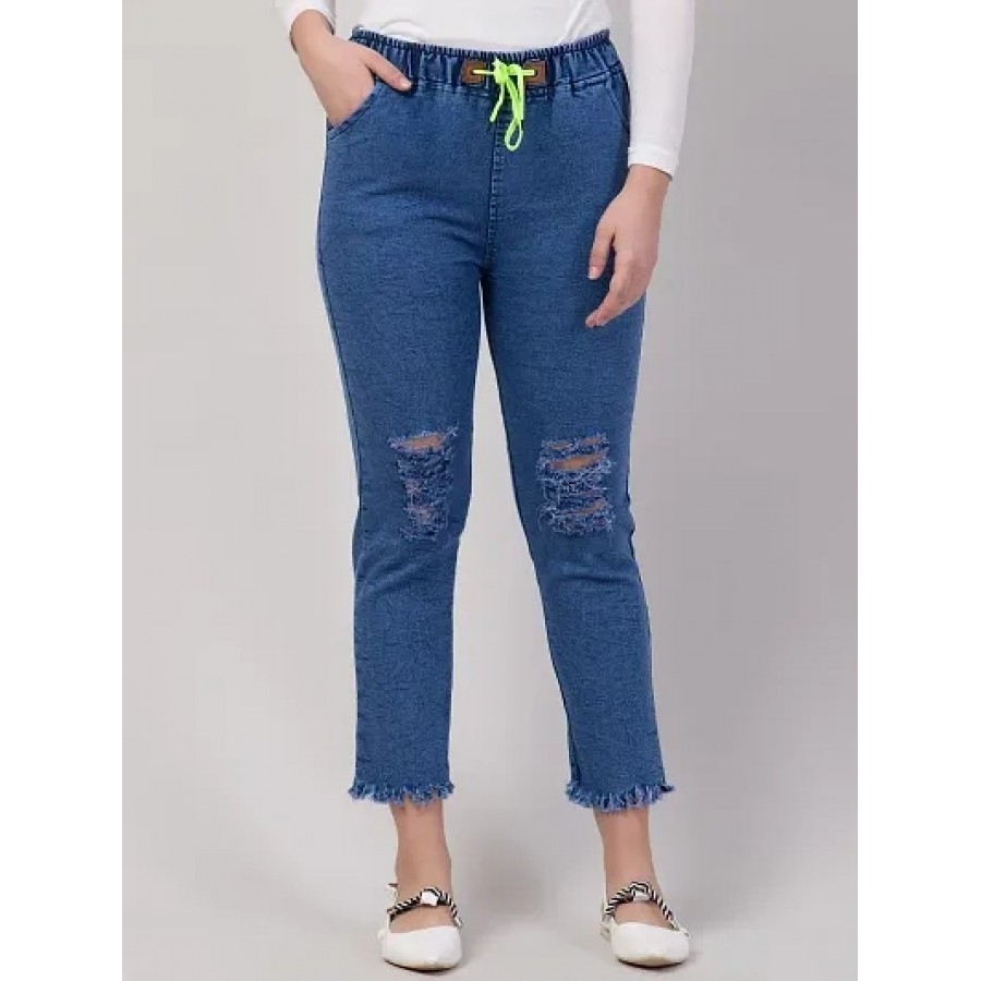 Womens Stylish Blue Distress Denim Mid-Rise Jeans