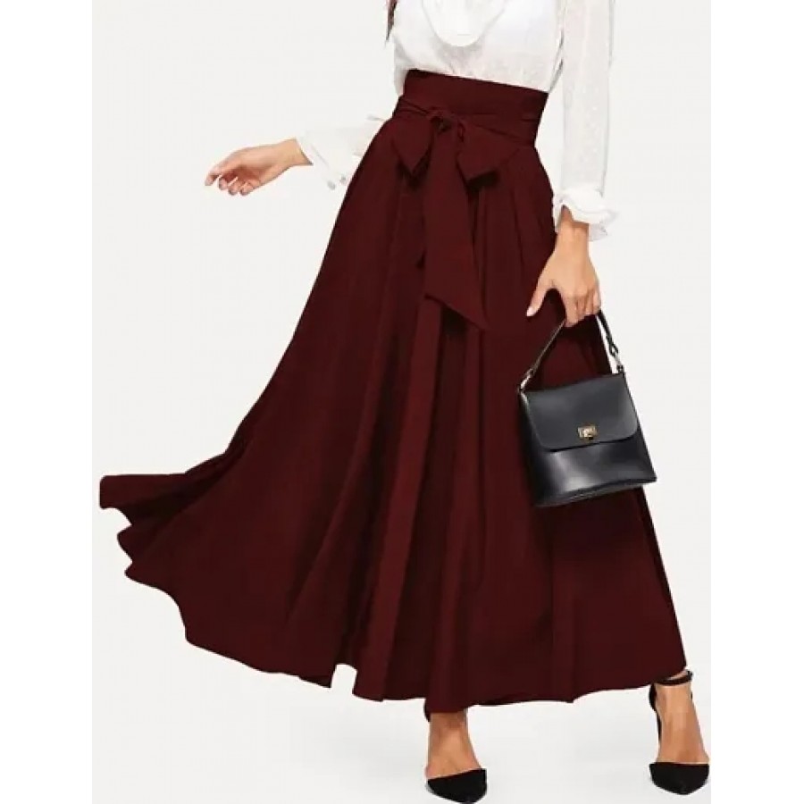 Maroon Solid Pleated Skirt