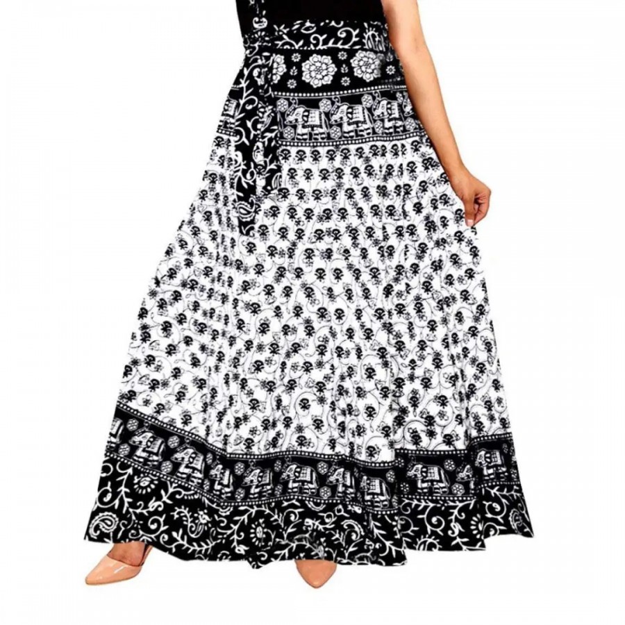 Stylish Floral Print Stylish Wrap Around Black, White Skirt