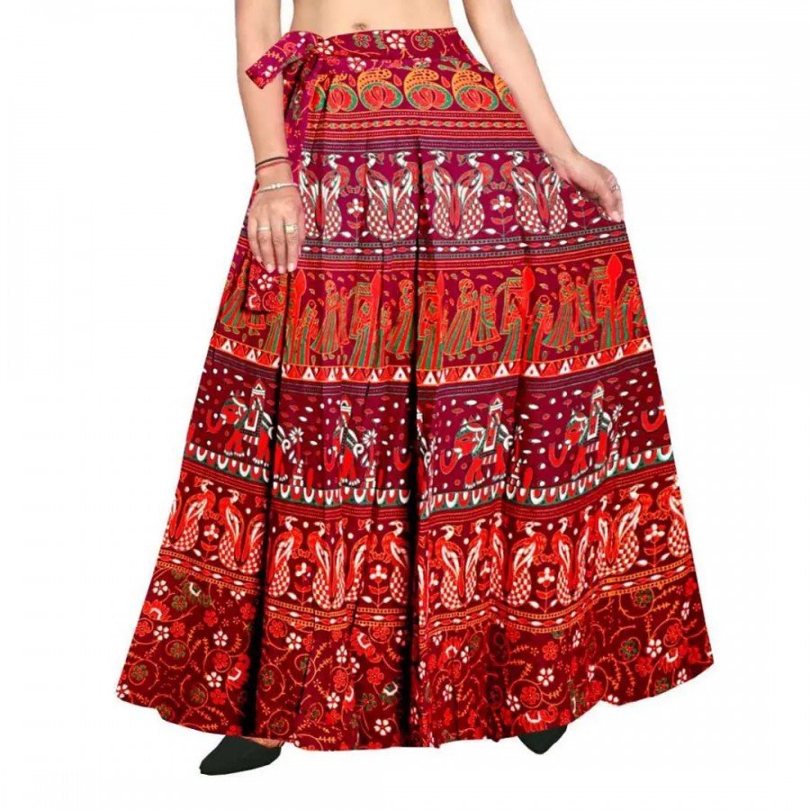 Stylish Flower Printed Wrap Around Red Skirt