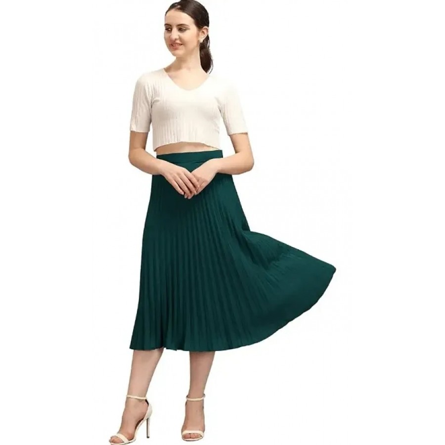 Women Classic Stretchy All Time Trendy Pleated Casual Skirt Green.