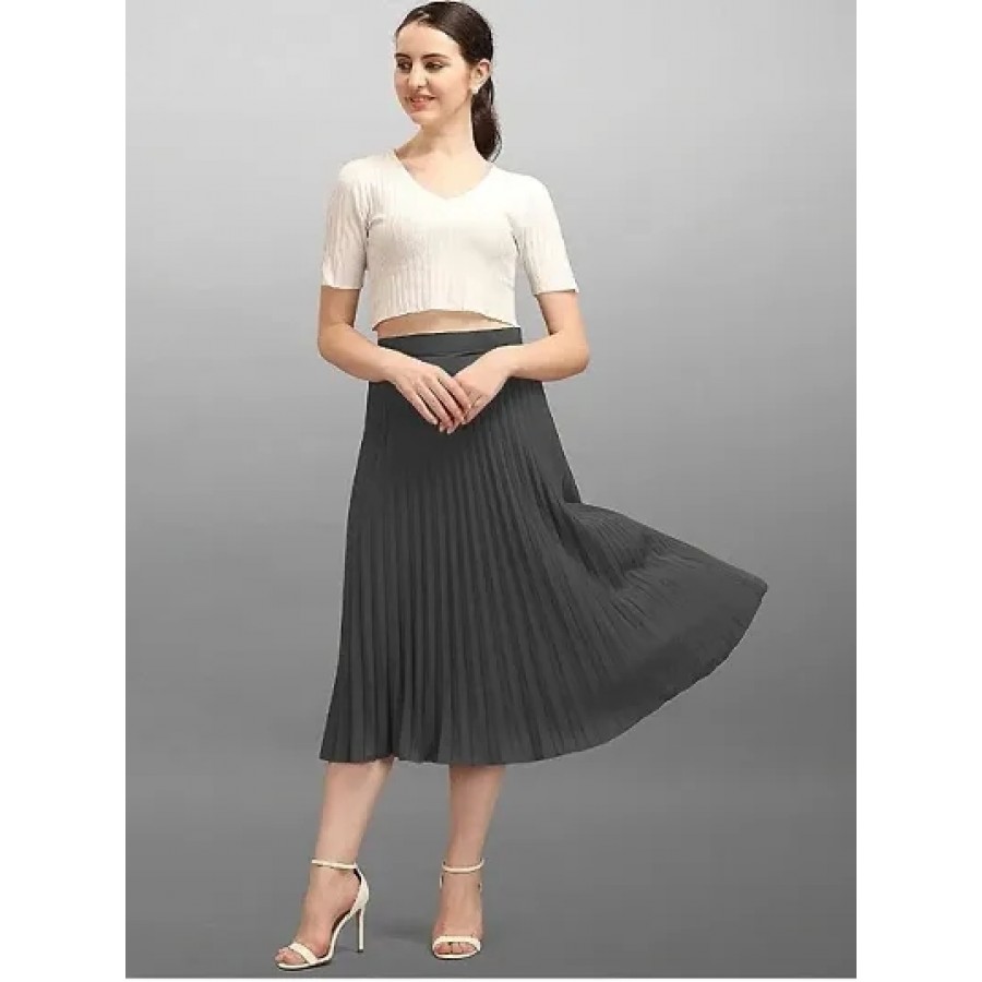 Women Classic Stretchy All Time Trendy Pleated Casual Skirt Grey.