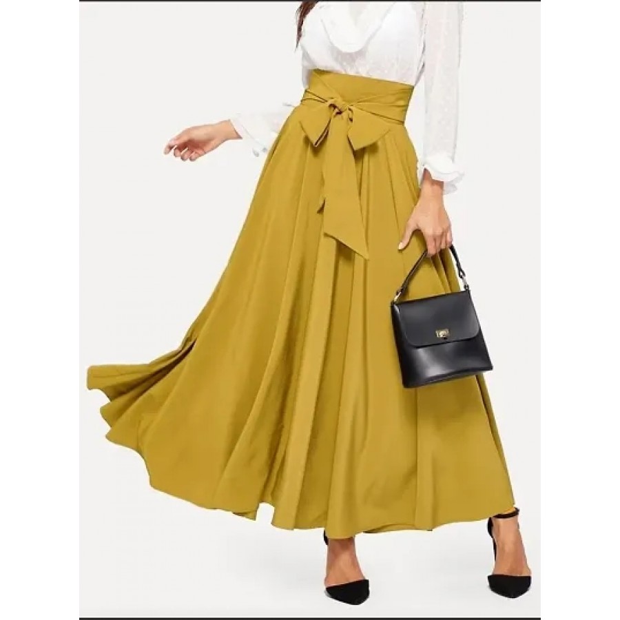 Yellow Crepe Solid Skirts For Women