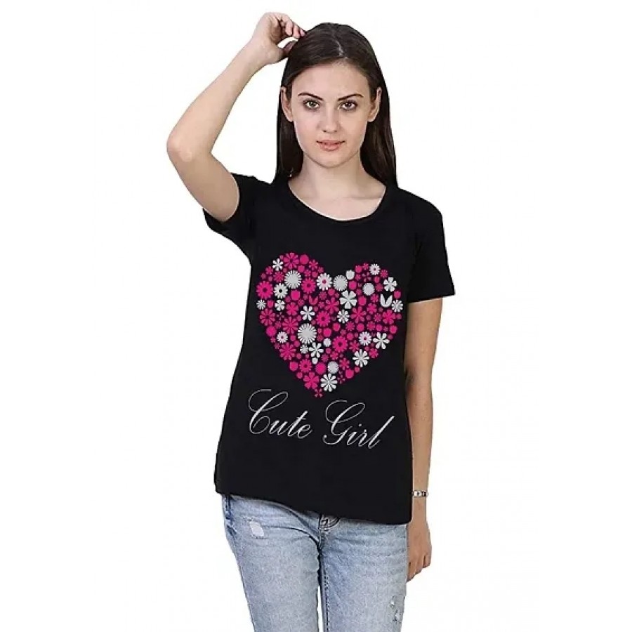 Alluring Black Cotton Printed Round Neck T-Shirts For Women