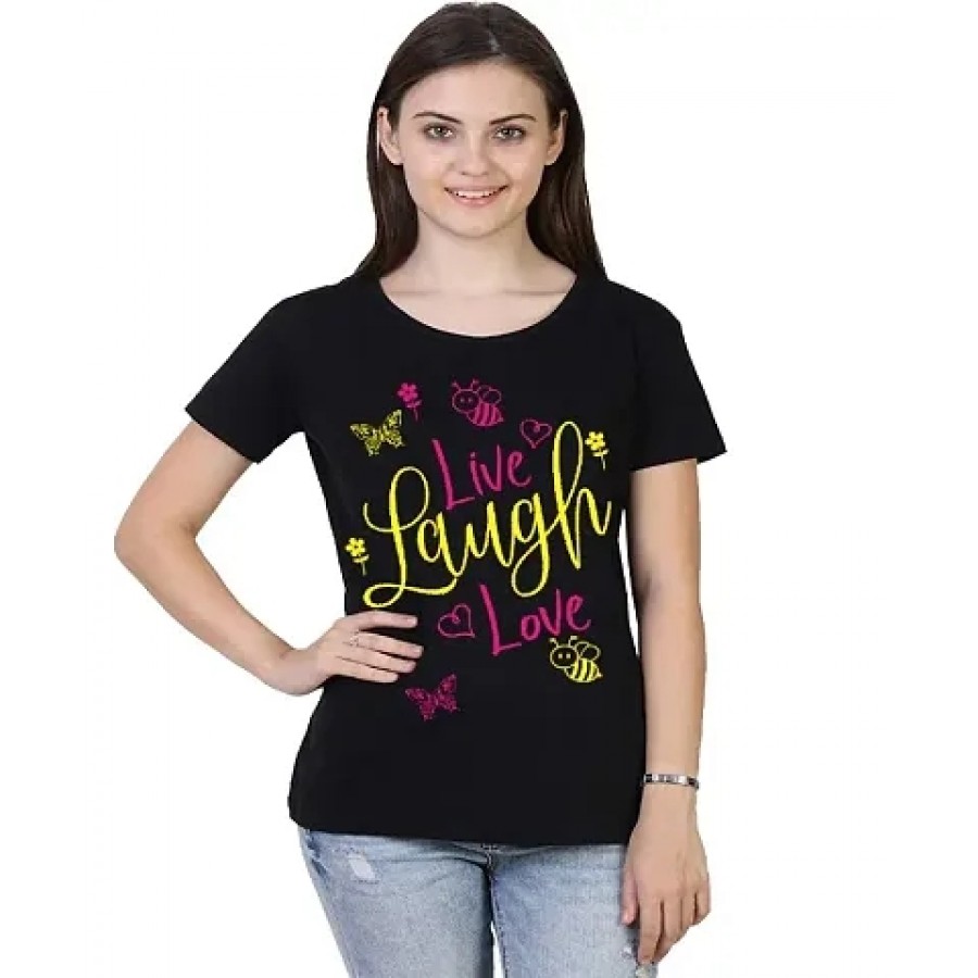 Alluring Black Cotton Printed Round Neck T-Shirts For Women