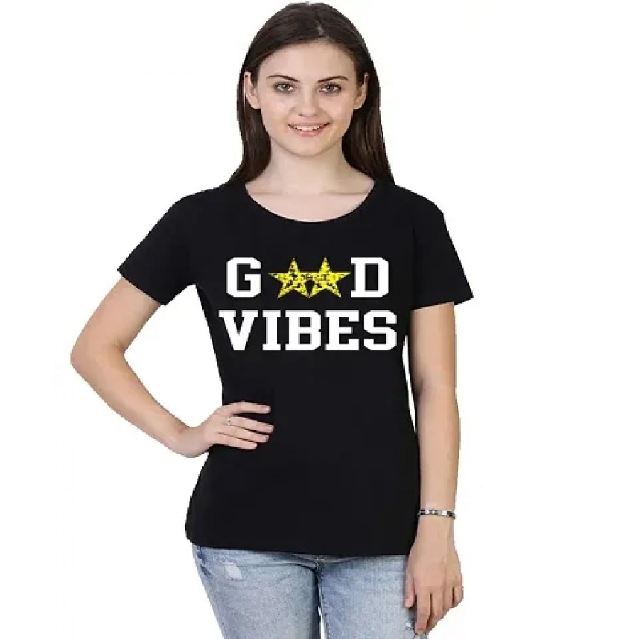 Alluring Black Cotton Printed Round Neck T-Shirts For Women