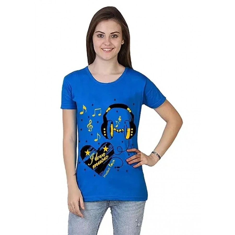 Alluring Blue Cotton Printed Round Neck T-Shirts For Women