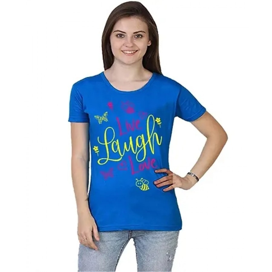 Alluring Blue Cotton Printed Round Neck T-Shirts For Women