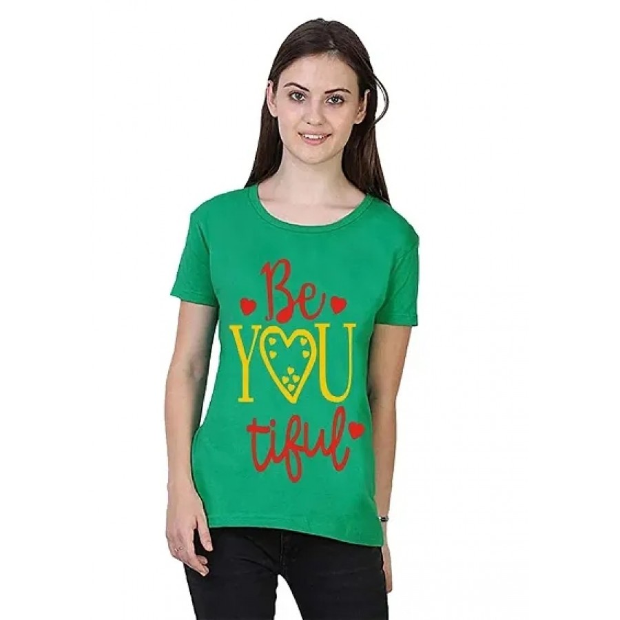 Alluring Green Cotton Printed Round Neck T-Shirts For Women