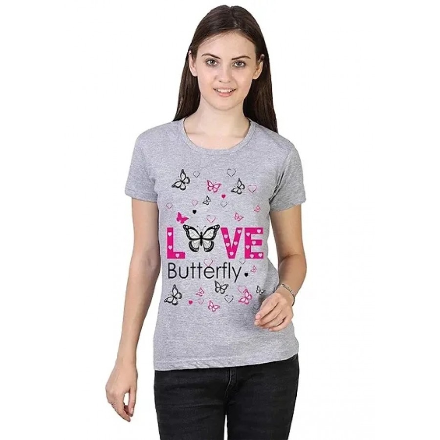 Alluring Grey Cotton Printed Round Neck T-Shirts For Women