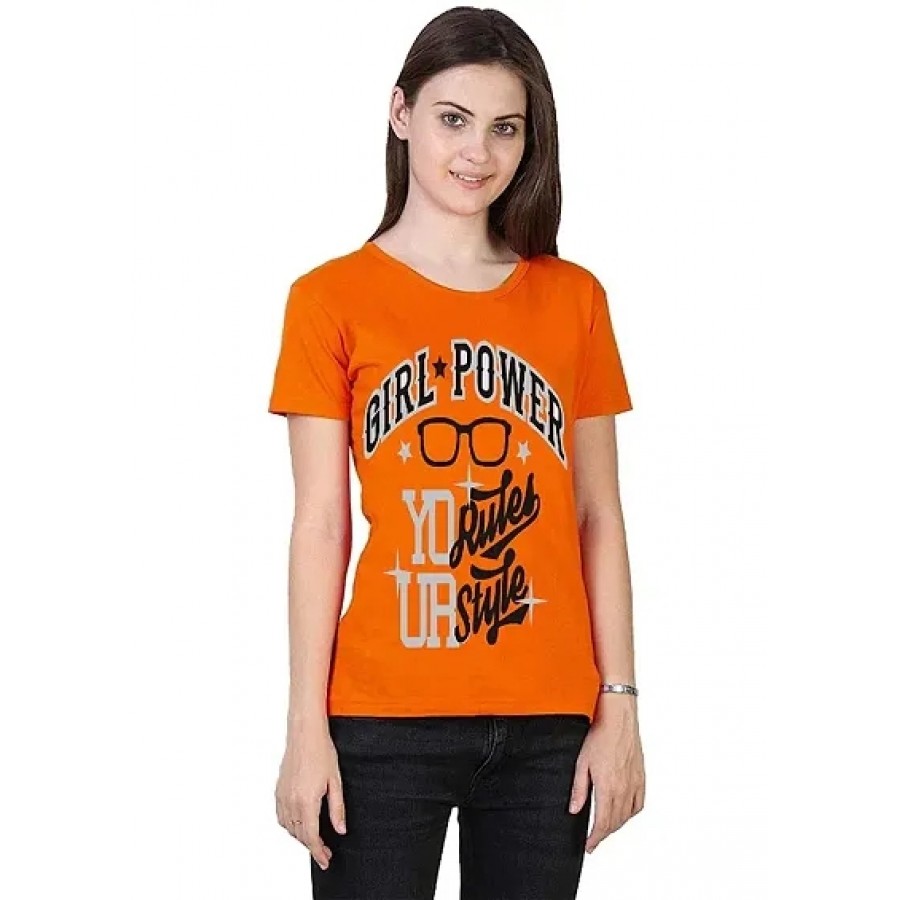 Alluring Orange Cotton Printed Round Neck T-Shirts For Women