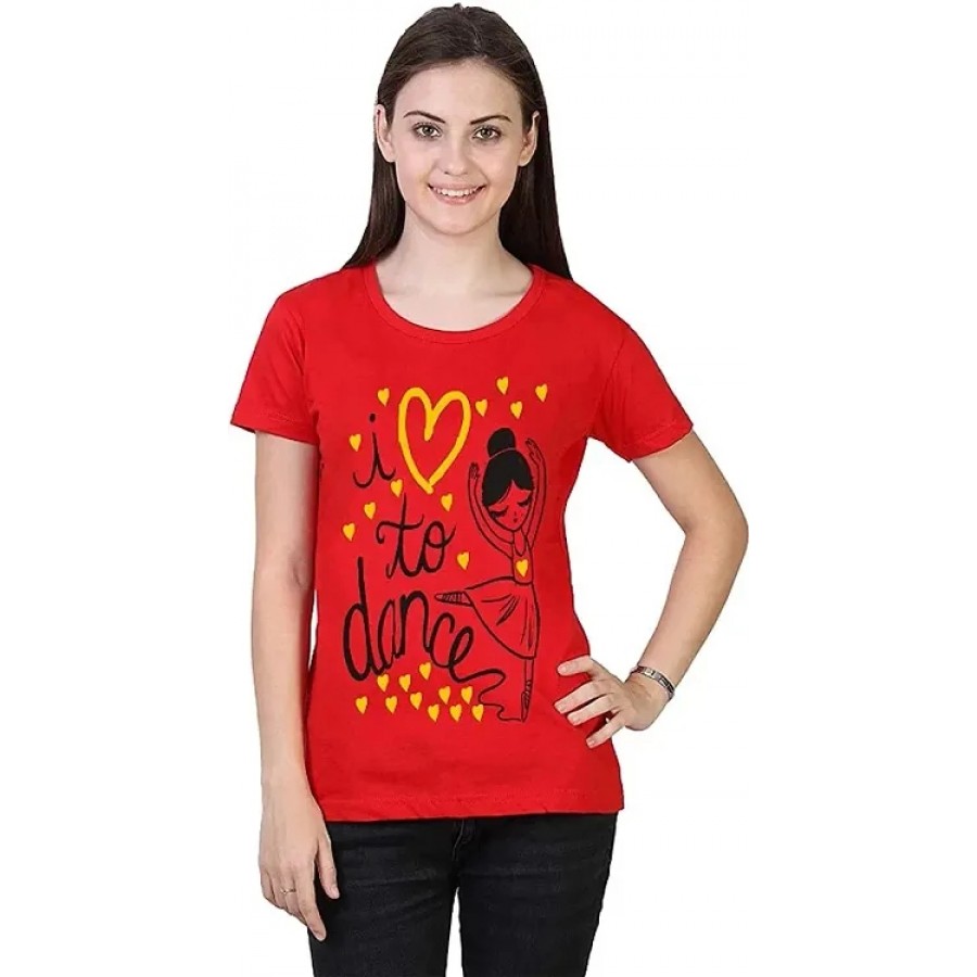 Alluring Red Cotton Printed Round Neck T-Shirts For Women