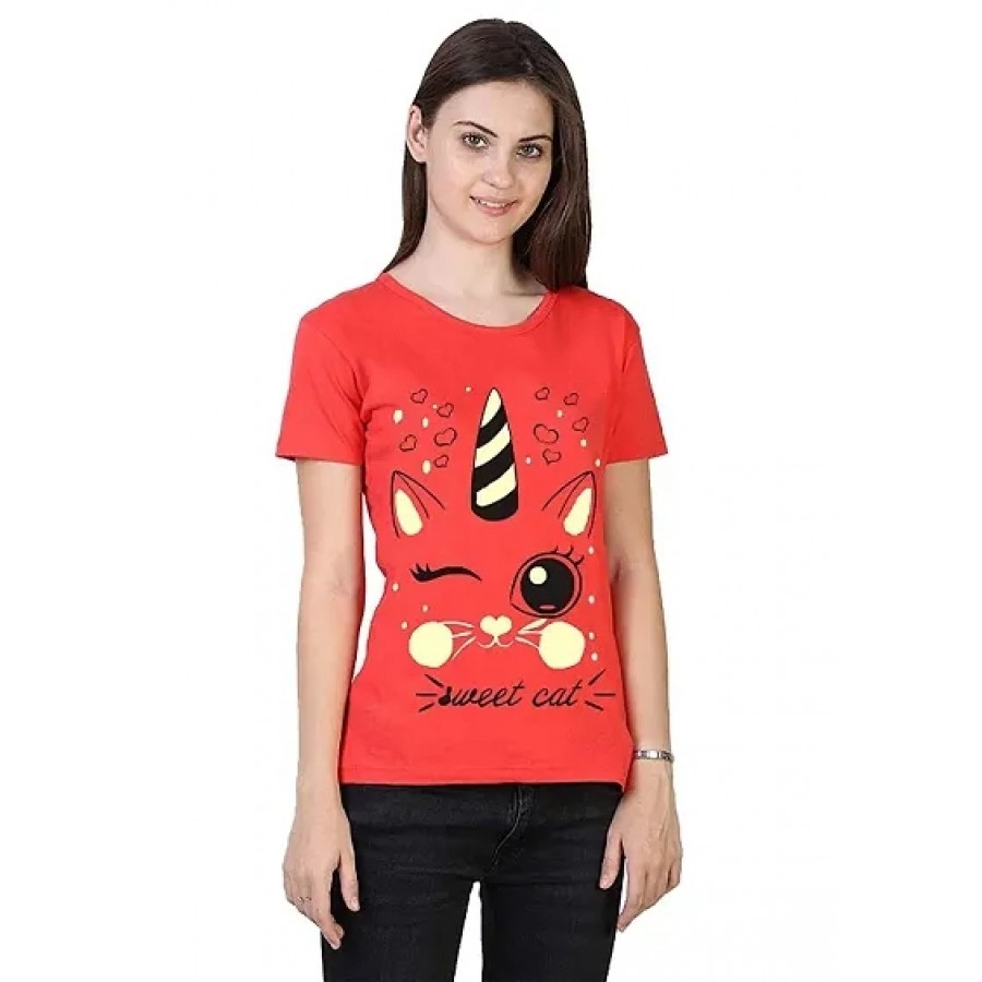 Alluring Red Cotton Printed Round Neck T-Shirts For Women