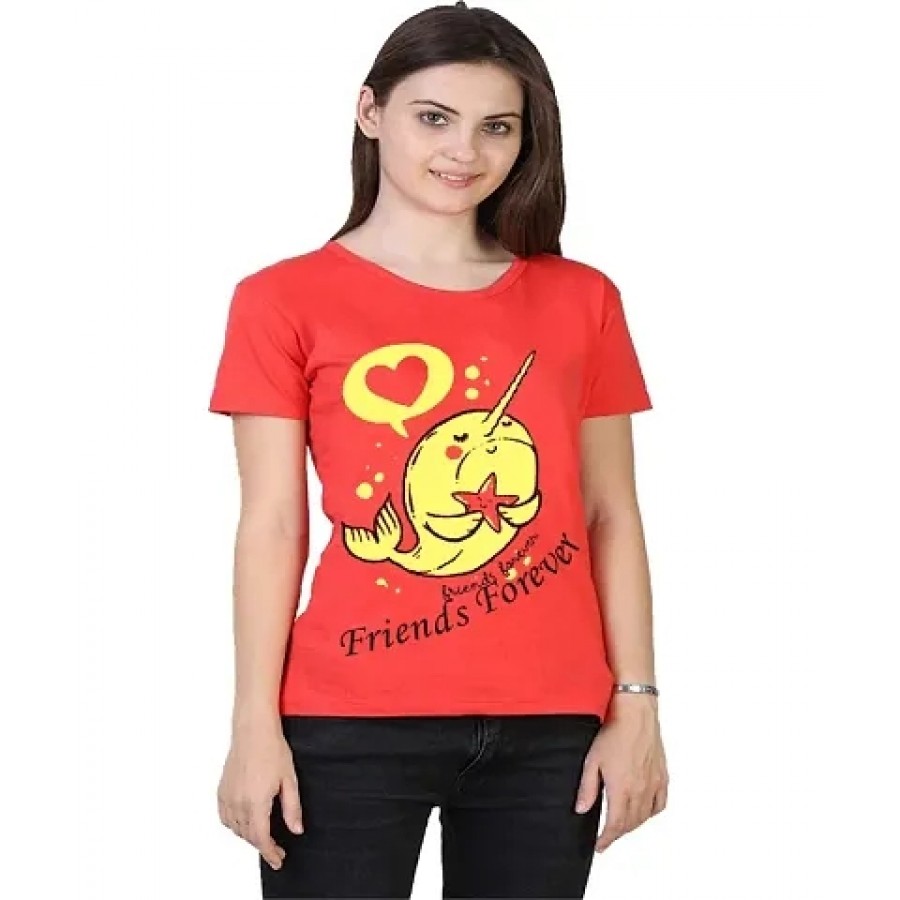 Alluring Red Cotton Printed Round Neck T-Shirts For Women