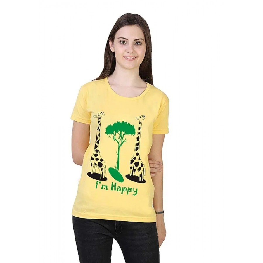 Alluring Yellow Cotton Printed Round Neck T-Shirts For Women