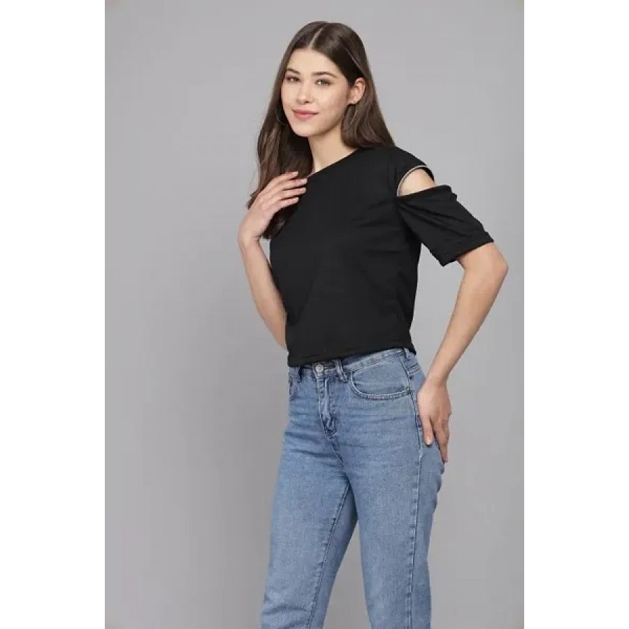 Black Cold Shoulder With Half Sleeve Zip