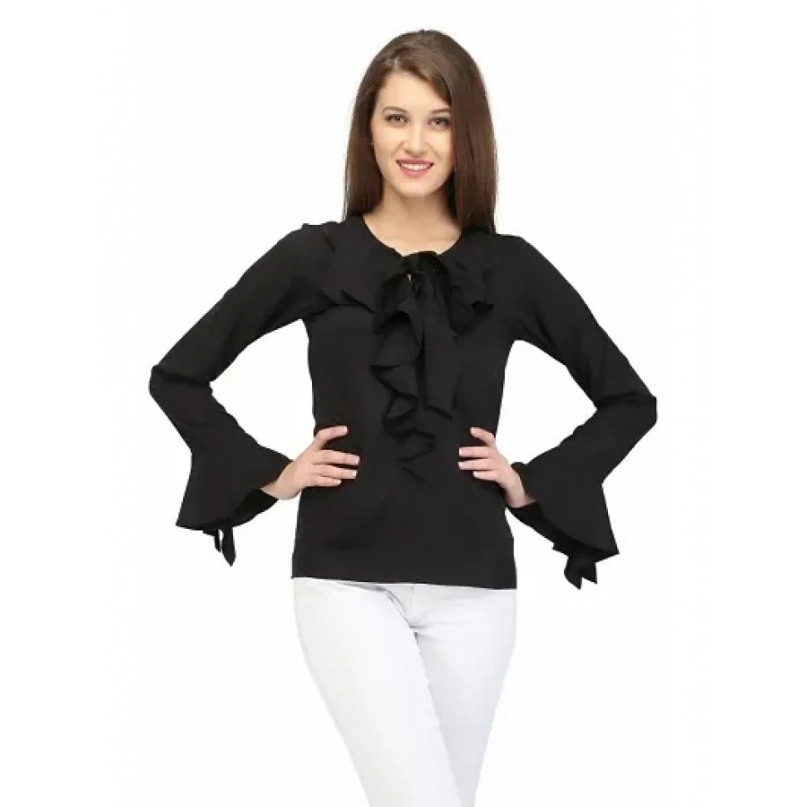 Black Colour Regular Length Crepe Casual Tops