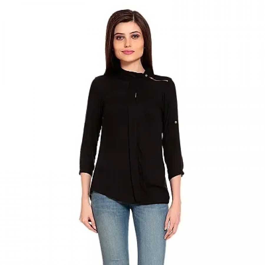 Black Shoulder Zip  Collar Top