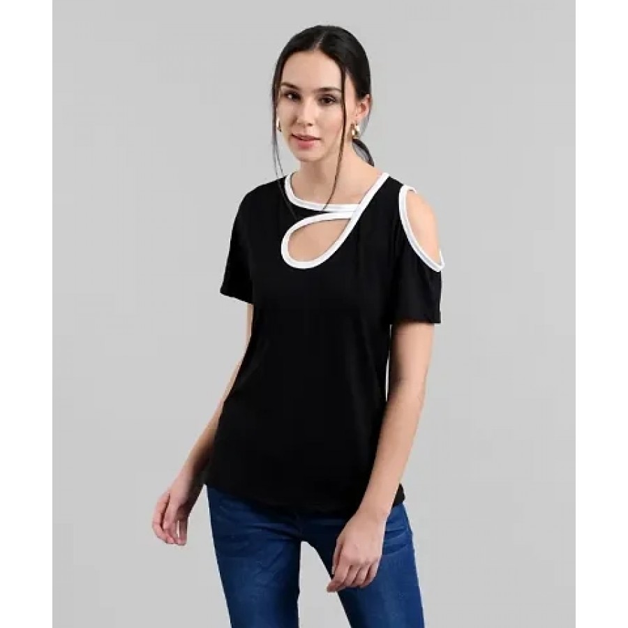 Black Single Cold Soulder Top With White Neck Border