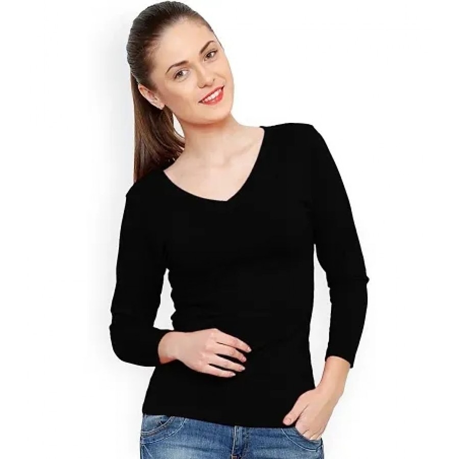 Black Solid Regular Length V Neck Tees