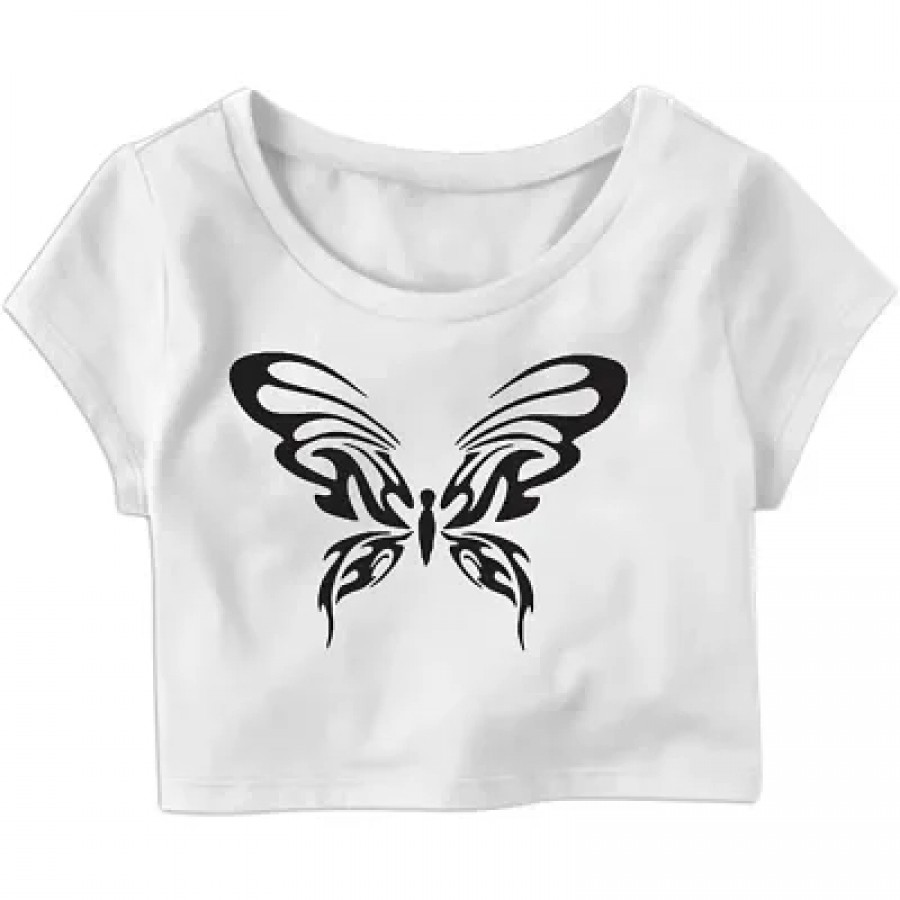 Cartoon Butterfly Printed Casual Half Sleeve Women's Crop Top