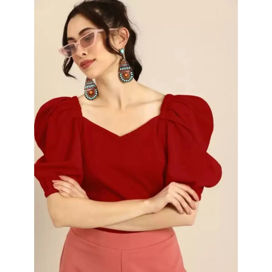 Casual Puff Sleeves Solid Women Maroon Top