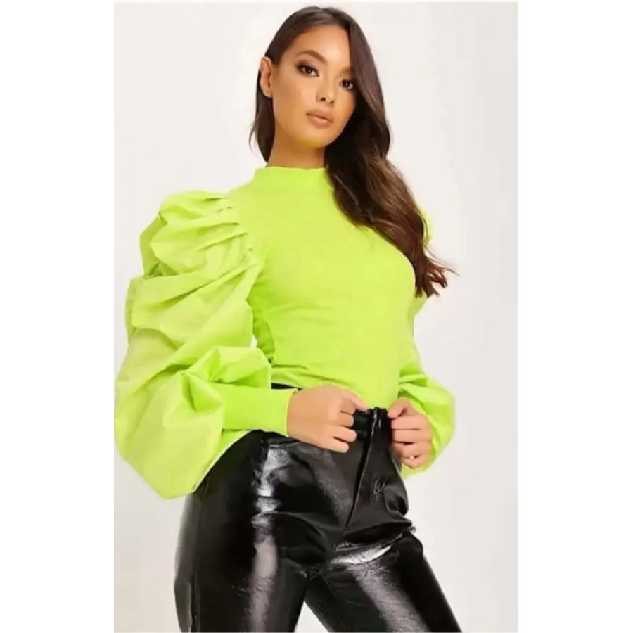 Casual Puff Sleeves Solid Women Neon Top