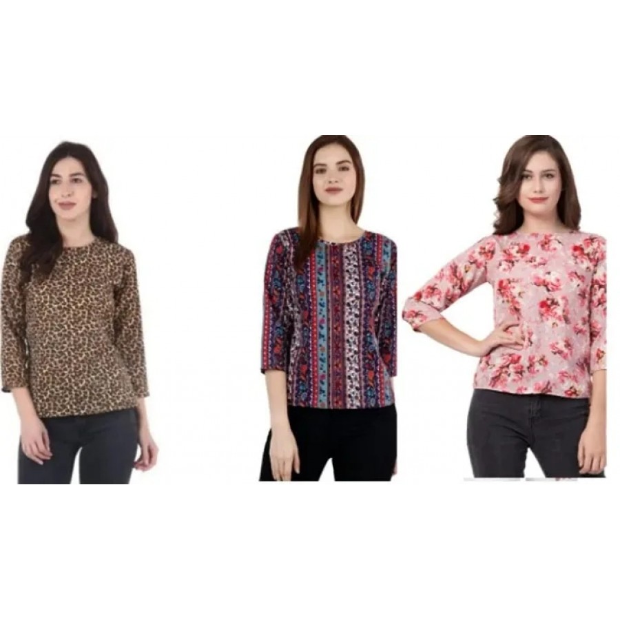 Combo Set of 3 Crepe T-Shirt Top  for Women ,170 gsm with Bio Wash